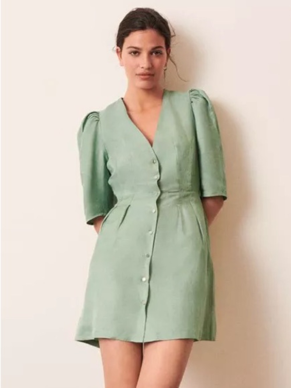 $325 ba&sh Sage Green Button Down Linen Puff Sleeve Mini Dress Size 3 (US Large)
